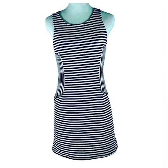 MONTEAU ⚓️navy blue and white striped midi sleeveless dress nautical - Picture 2 of 13